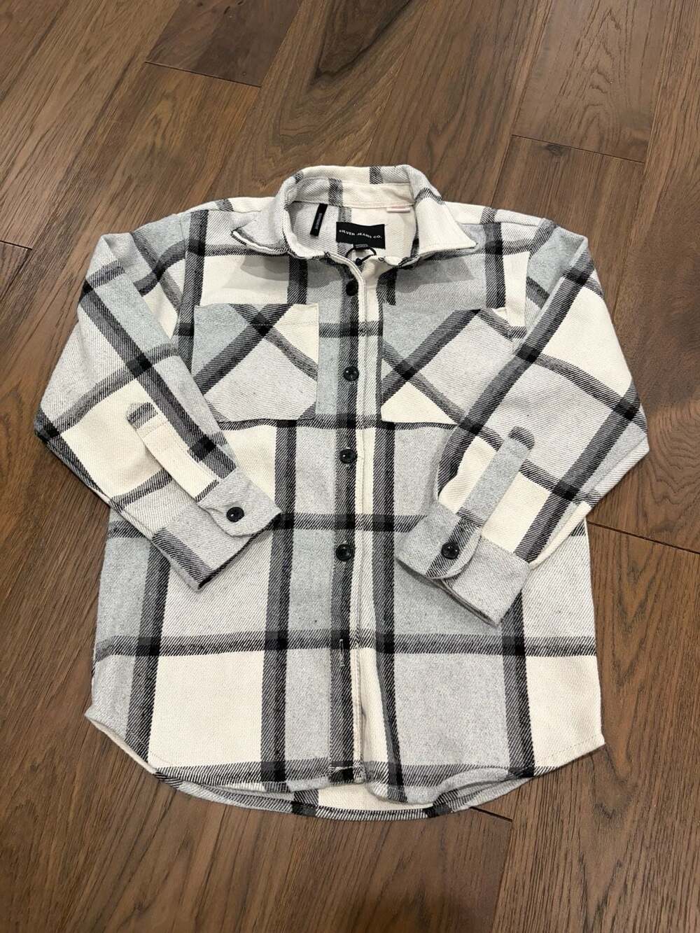 Silver Jeans Co. Boyfriend Fit Plaid Flannel Shacket Black White Size 7/8